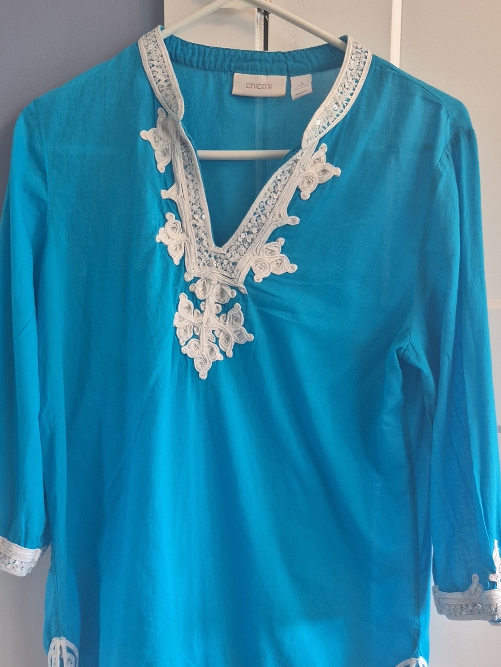 Chico's Bright Turquoise V-Neck Tunic with White Trim